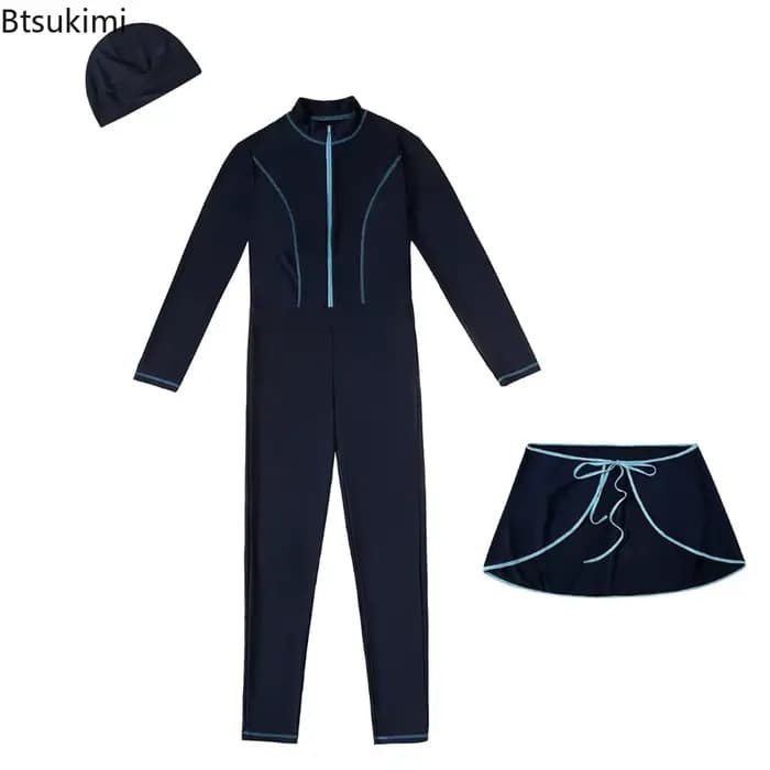 Maillots de bain modestes musulmans 2026 avec hijab, maillot de bain de plage 3 pièces pour femmes, tenue de natation islamique à manches longues pour femmes