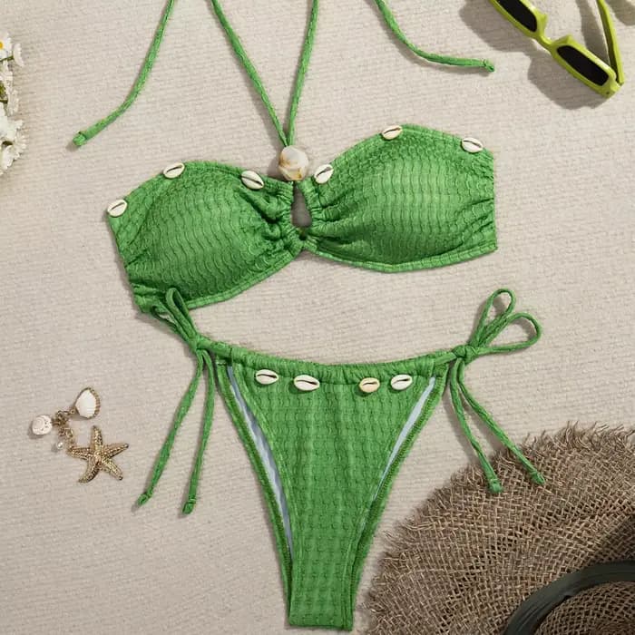 Ensemble de micro-bikini sexy 2026 pour femmes, bretelles croisées, ornement en coquillage, string, bikini deux pièces, maillot de bain de vacances, vêtements de bain
