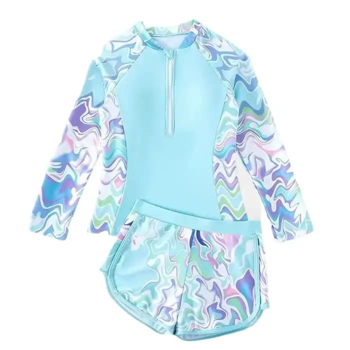 Maillot de bain deux pièces pour jeunes filles, ensemble imprimé à la mode, manches longues, fermeture éclair, protection solaire, séchage rapide, maillot de bain pour adolescents