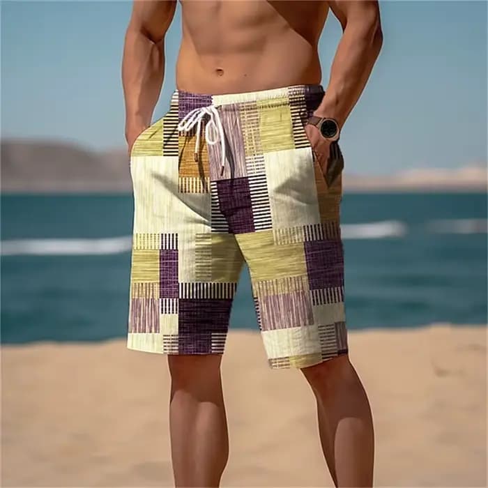 Short de plage hawaïen à séchage rapide, imprimé à carreaux coloré, short de glace décontracté, maillot de bain Sportedly, vacances d'été, 2024