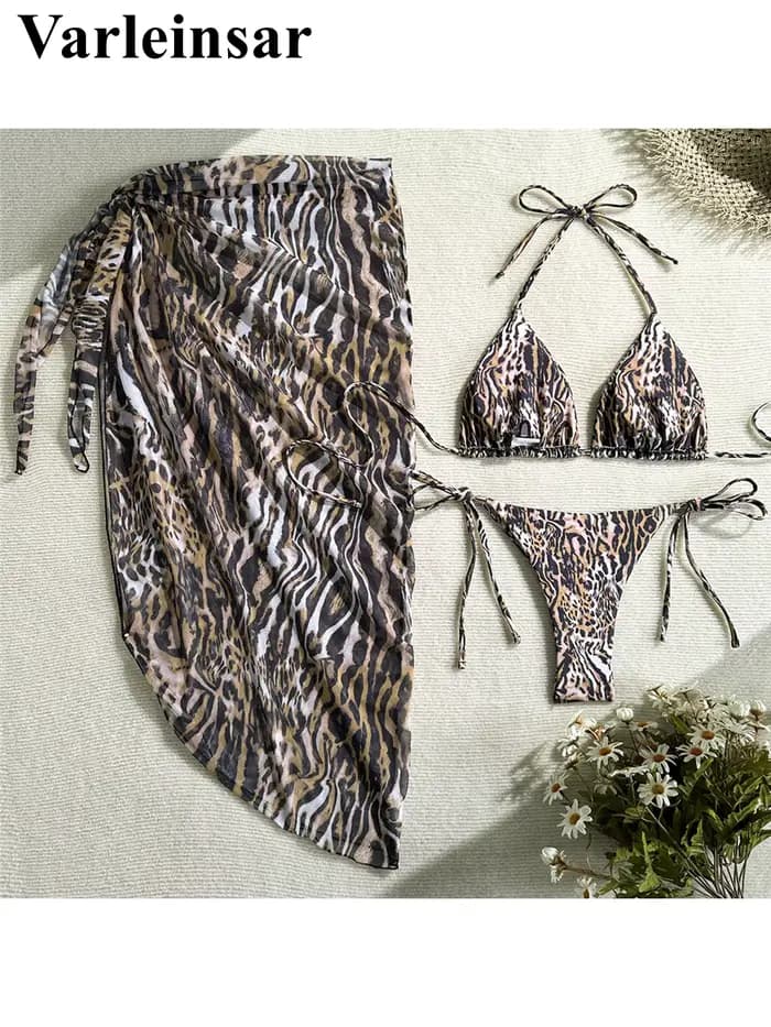 Maillot de bain trois pièces pour femme, motif léopard avec sarong, bikini à bretelles, ensemble de maillot de bain rembourré, V7845
