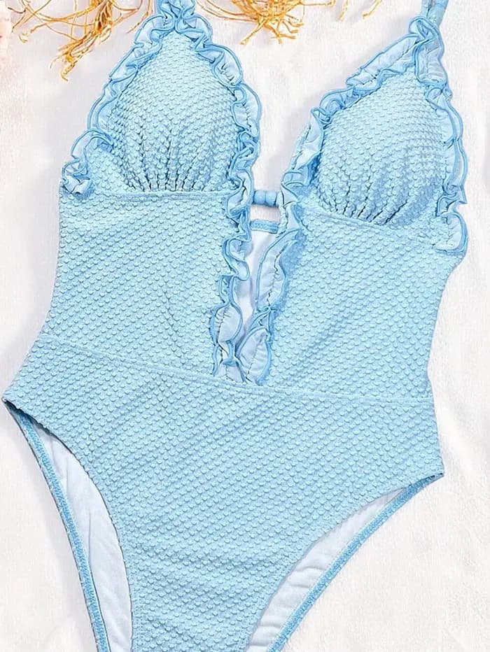 Maillot de bain une pièce sexy pour femme 2026, bleu ciel, avec dentelle, décolleté plongeant, effet ventre plat, pour la plage et les vacances