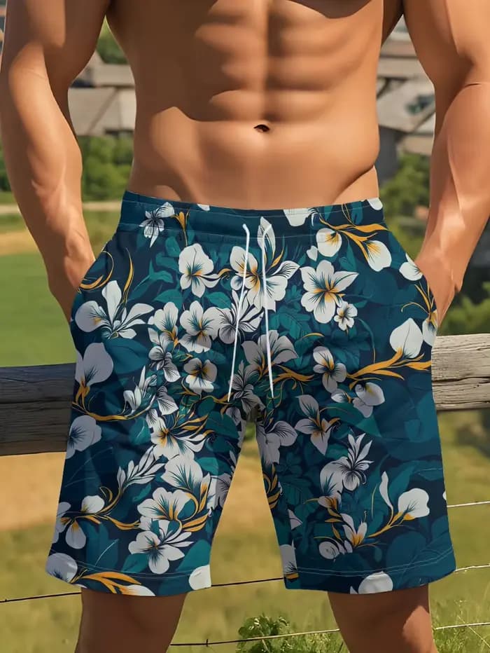 Shorts de vacances hawaïens pour hommes, shorts de plage avec rayures dégradées bleu-vert néon et imprimé floral, doux et respirants
