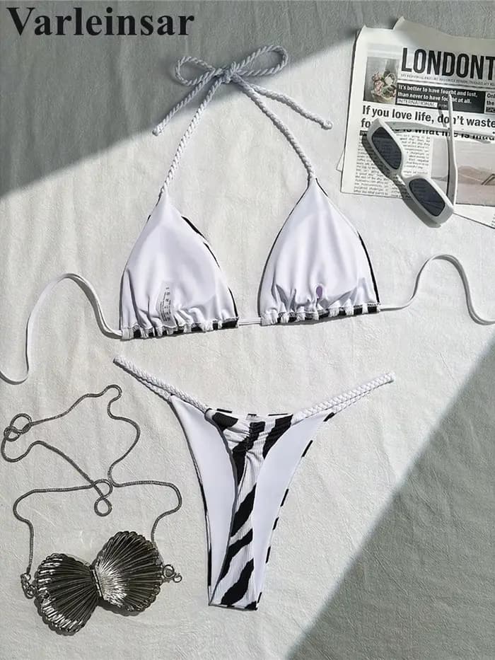 XS - L Zebra Halter Mini Thong Bikini Maillot de bain femme Ensemble bikini deux pièces rembourré V6759