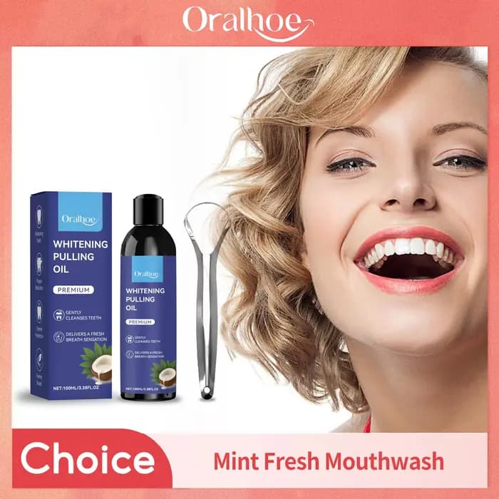 Huile de traction de noix de coco avec grattoir à langue, blanchiment des dents, hygiène buccale, nettoyage, haleine fraîche, élimination des odeurs sans alcool, bain de bouche