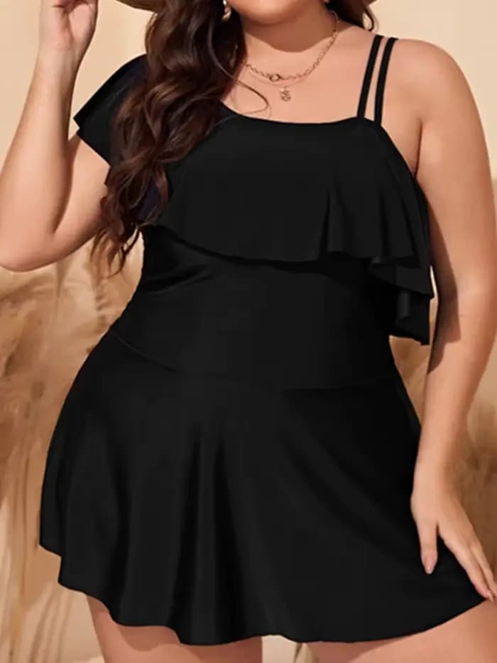 Maillot de bain deux pièces pour femmes, tankini noir, grande taille, grand bikini, une initiée à volants, vêtements de plage d'été