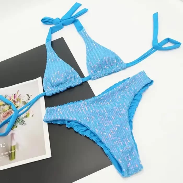 Maillot de bain deux pièces pour femmes, bikini scintillant, ensemble smocké, push up, pour la plage