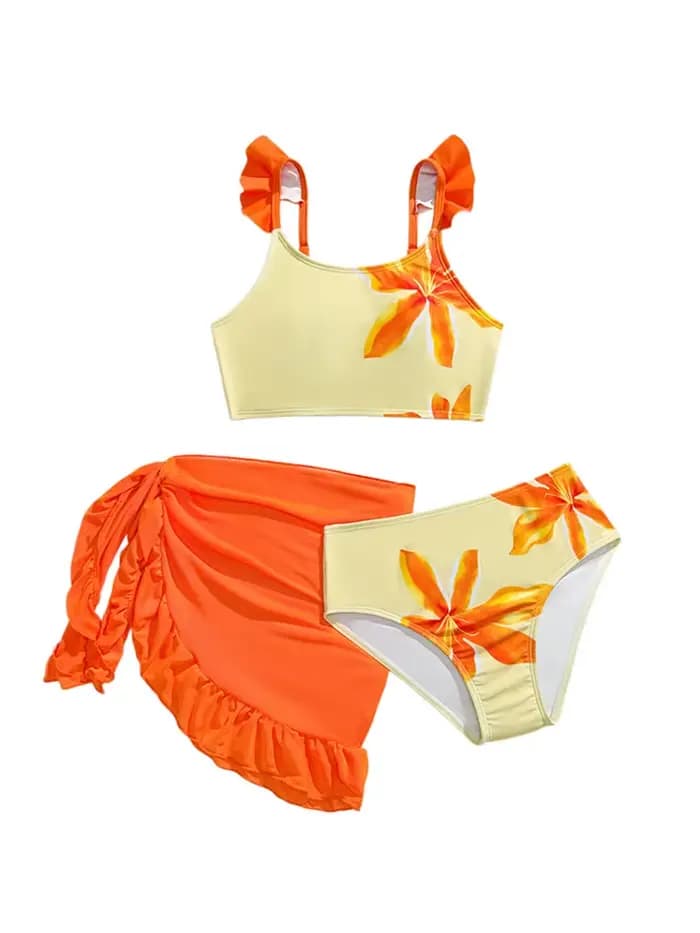 Maillot de bain bikini pour filles, nouvelle collection 2026, motif fleurs orange, volants, bretelles, maillot de bain trois pièces en maille pour enfants, tenue de plage estivale