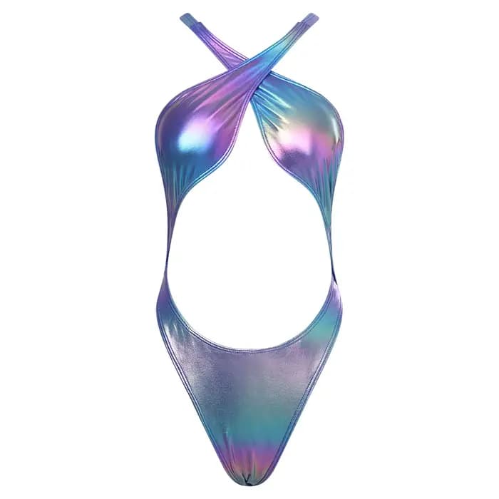 Maillot de bain une pièce métallisé irisé pour femme avec coussinets de poitrine, bretelles croisées et dos nu, idéal pour la plage, la piscine et le soleil.