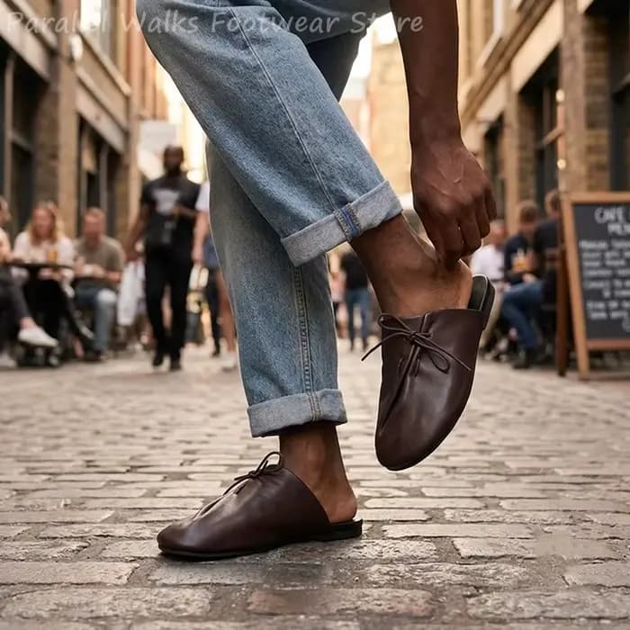 Mules Cyberpunk pour hommes en cuir souple plissé noir et marron, à lacets et sans talon, confortables pour la marche, chaussures décontractées
