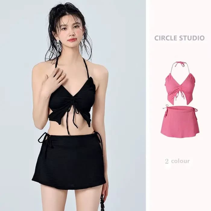 Vacances plage Ins Rose rouge Bikini trois pièces maillot de bain femme petite poitrine Internet célèbre