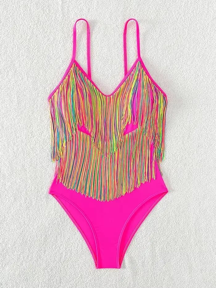Maillot de bain une pièce à franges colorées, sexy, rose vif, push-up, contrôle TUNIControl, pour la plage, dos nu, trempé, monokini, pour femmes, tendance 2024
