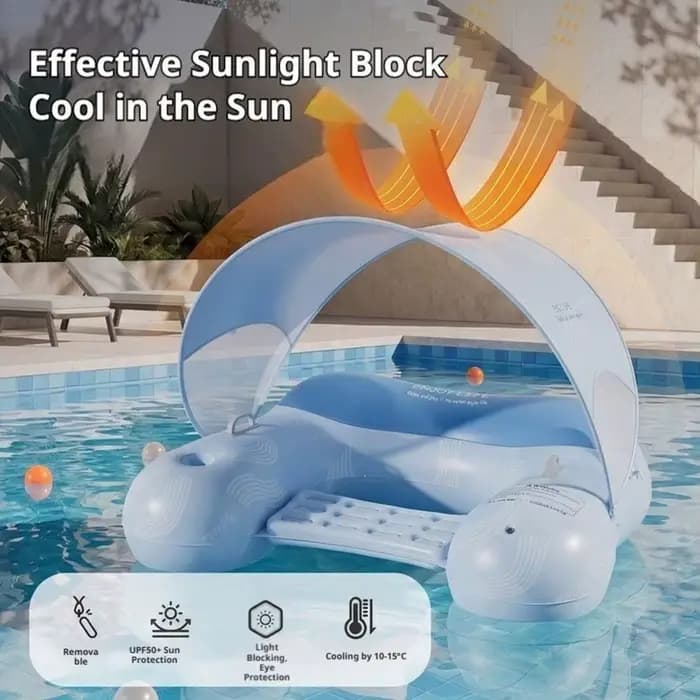 Chaise longue gonflable flottante pour piscine avec pare-soleil amovible, protection UV, porte-gobelet, pour l'été, la plage et les activités de plein air