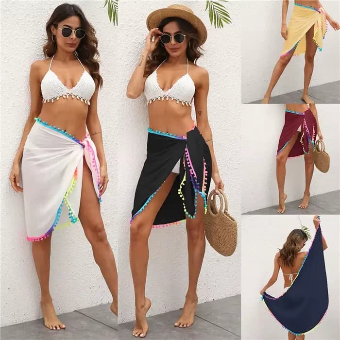 LAMUUSAA-Jupe de Plage Sexy en Maille Transparente pour Femme, Bikini avec Pompons Colorés, Sarong