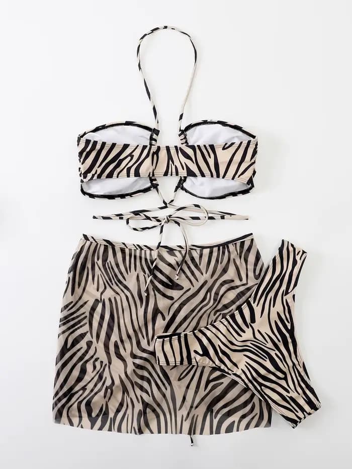 Ensemble de 3 bikinis à rayures zébrées pour femmes, maillot de bain à lacets, jupe de plage, maillot de bain 2026, maillot de bain rembourré pour femmes, vêtements de plage d'été