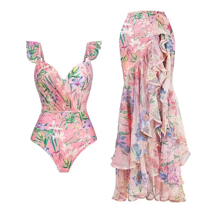 Femmes maillots de bain été imprimé fleuri col en v maillot de bain une pièce body Bikini ensemble plage Style porter robe Maxi jupe vacances