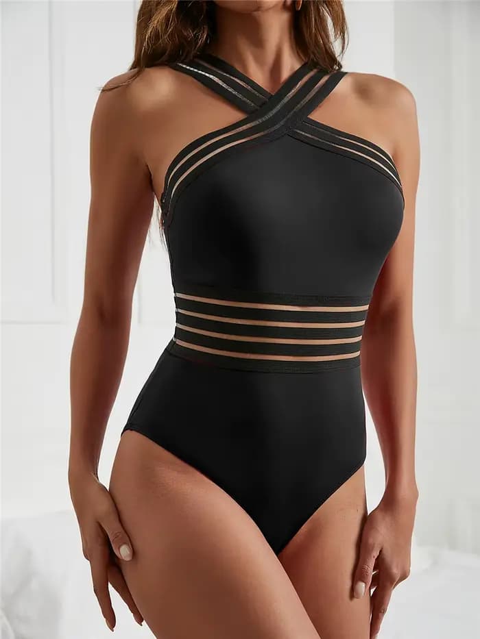 Maillot de bain une pièce sexy en maille solide 2026, col montant, croisé sur le devant, rembourré, pour femme