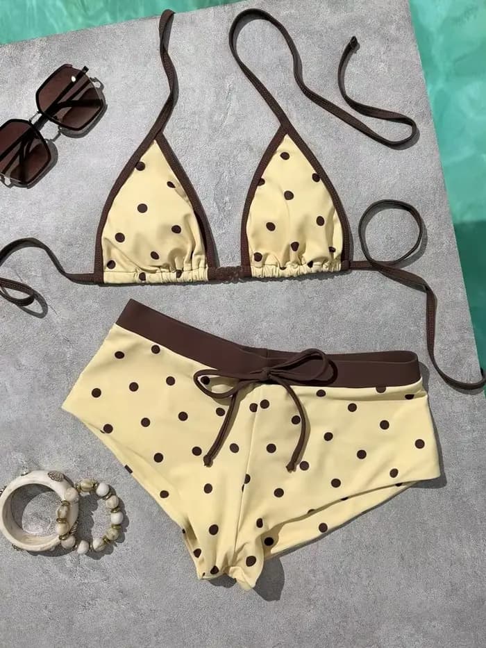 Ensemble de bikini pour femme brésilienne sexy, imprimé à pois, haut triangle exposé au dos et bas de string à fente latérale, maillot de bain deux pièces