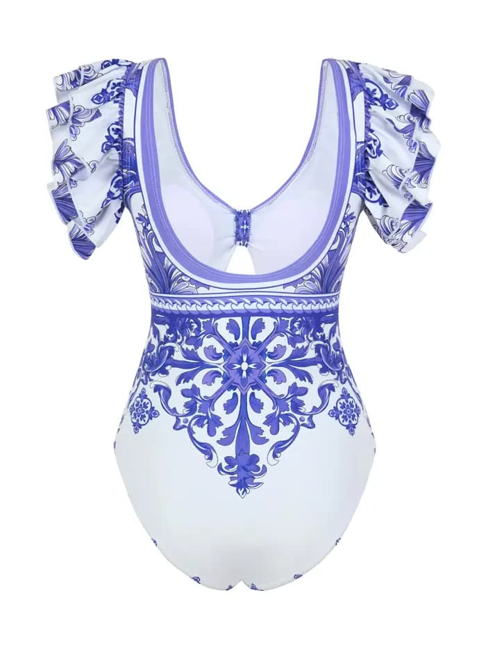 Maillot de bain une pièce moulant pour femme, imprimé porcelaine bleu et blanc, avec ensemble de paréo, pour les vacances à la plage