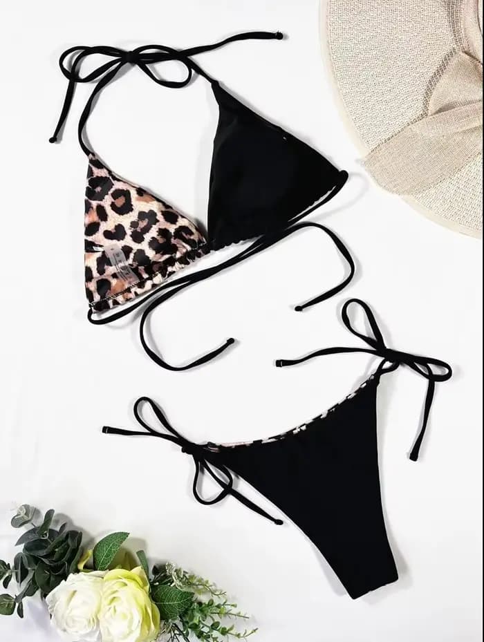 Ensemble bikini contrasté imprimé léopard pour femme maillot de bain à lacets coloré confortable