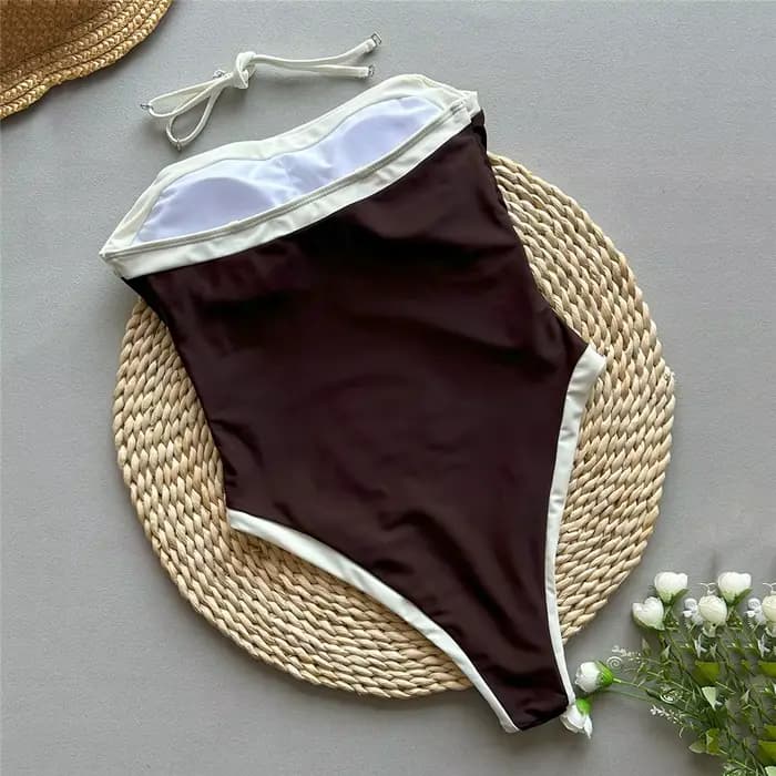 Maillot de bain sexy sans bretelles marron pour femmes, maillot de bain une pièce 2026, bord blanc, anneau métallique, ceinture, coupe haute, maillot de bain, monokini