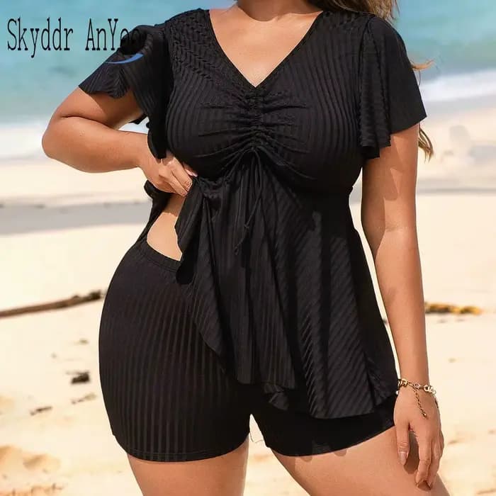 Maillot de bain deux pièces femme grande taille 2025 noir solide Tankini ensemble