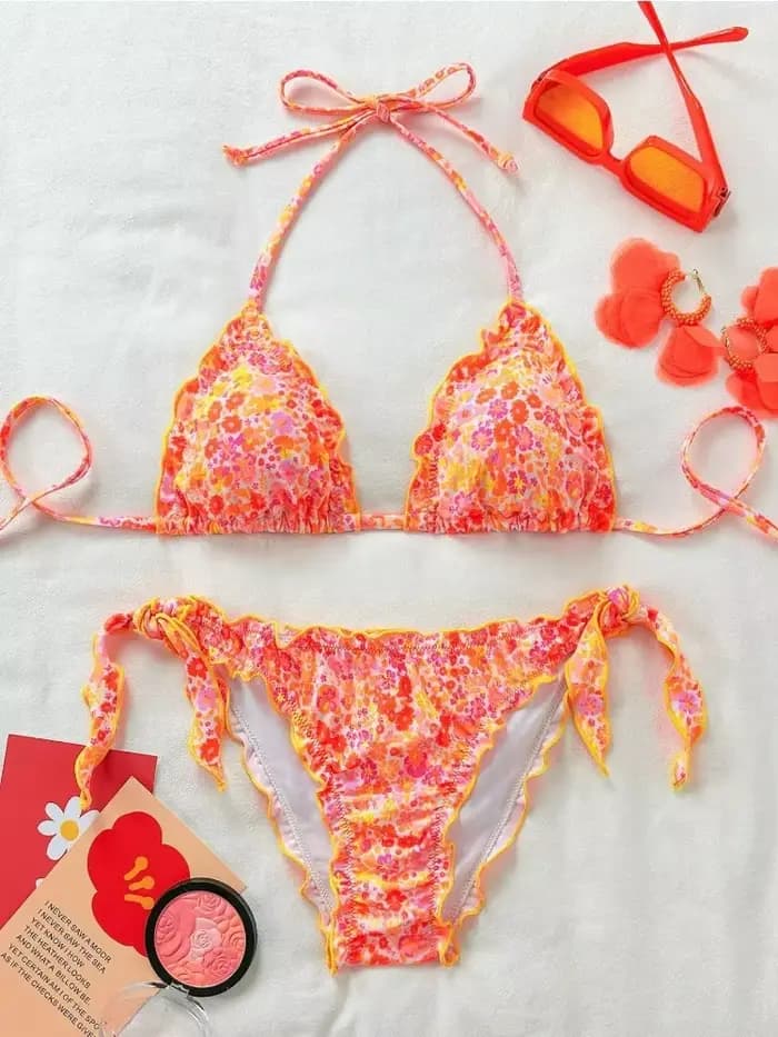 Femmes mignon Bikini ensemble 2025 nouvel été Orange imprimé fleuri licou volants Push Up cravate côté string maillot de bain maillot de bain