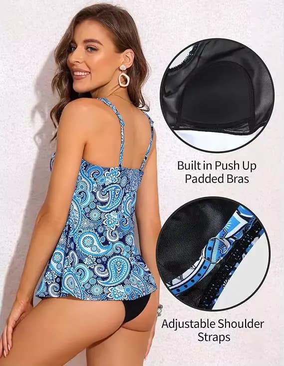 Anfilia Tankini pour femme, haut de maillot de bain torsadé à col en V, haut de maillot de bain fluide et rembourré (sans bas de maillot)