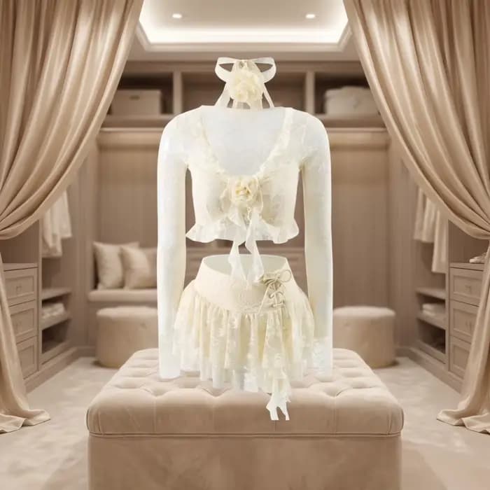 Maillot de bain quatre pièces à volants en dentelle à manches longues