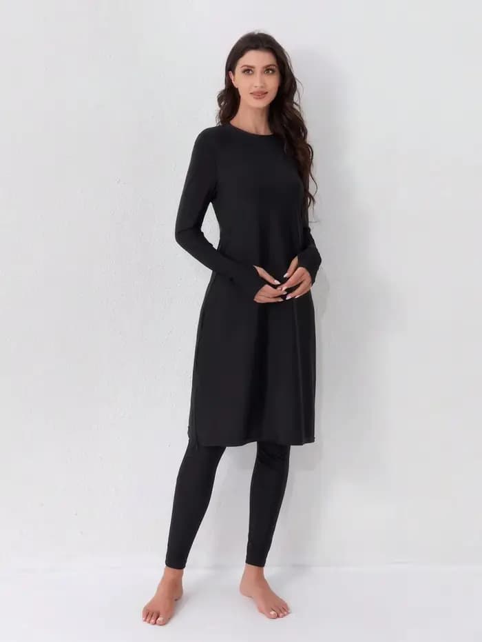 Maillot de bain décontracté pour femmes musulmanes, ensemble deux pièces, maillot de bain à col rond, style conservateur, boucle de doigt, robe noire, pantalon taille haute