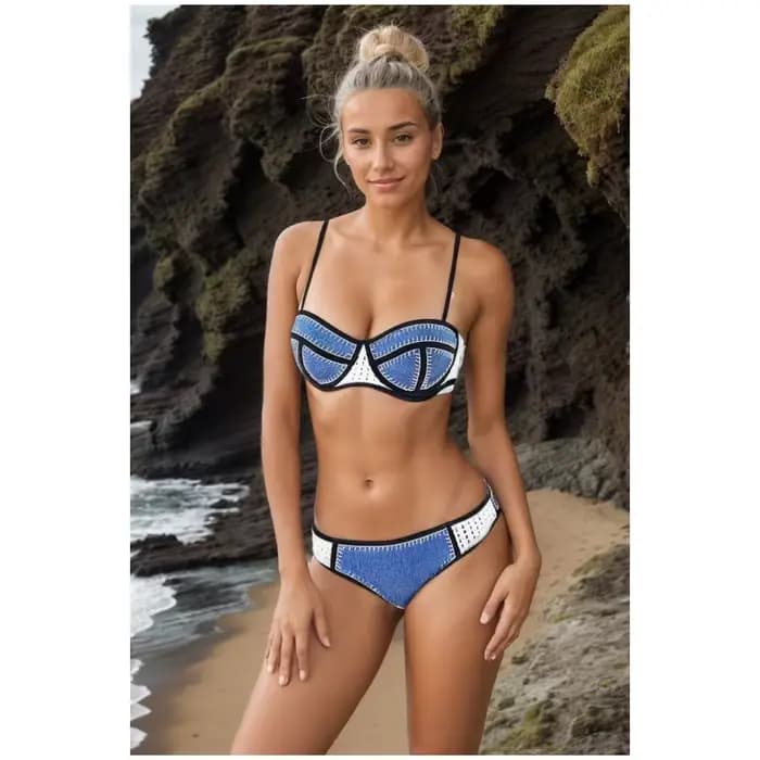 Bikinis sexy de style Brigitte en néoprène, ensembles de bikini en caoutchouc de néoprène, bikini rayé bleu et blanc pour femme - Ensemble de maillots de bain deux pièces