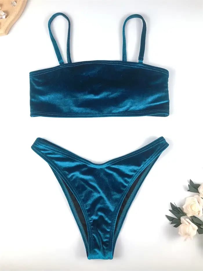 Vintage bleu Bikini velours maillot de bain femmes taille haute Bandeau Bikinis ensembles tenue de plage vacances maillots de bain maillot de bain