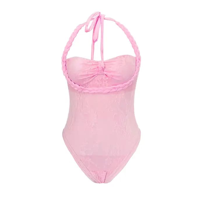 Sexy blanc rose corde attaché une pièce maillot de bain femmes avant arc Push Up maille jupe ensemble 2025 été maillot de bain vacances maillots de bain