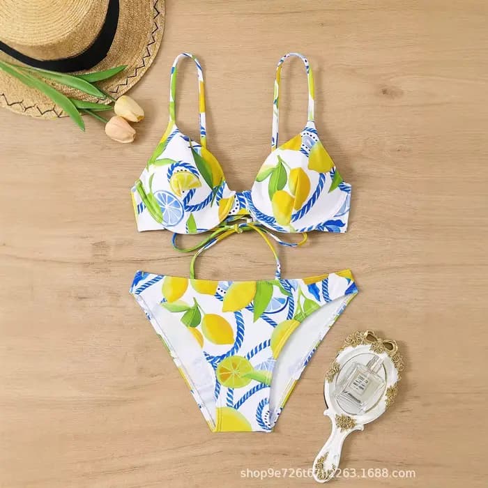 2025 Sexy citron imprimé Bikini ensemble Tropical maillot de bain deux pièces brésilien effronté culotte Triangle haut