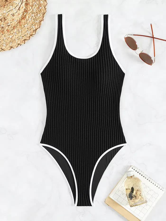 Maillot de bain une pièce côtelé texturé à bretelles larges et bordure contrastante, décolleté en U, coupe haute, pour femme, été, plage