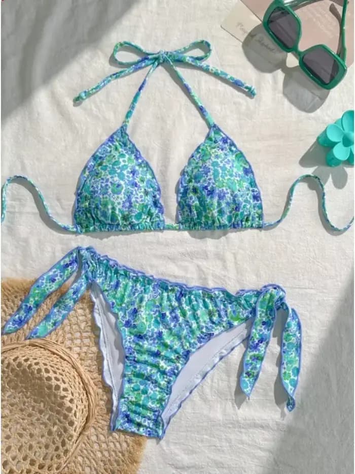 Femmes mignon Bikini ensemble 2025 nouvel été Orange imprimé fleuri licou volants Push Up cravate côté string maillot de bain maillot de bain