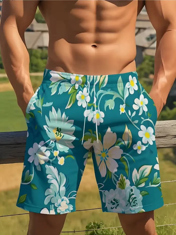 Shorts de vacances hawaïens pour hommes, shorts de plage avec rayures dégradées bleu-vert néon et imprimé floral, doux et respirants