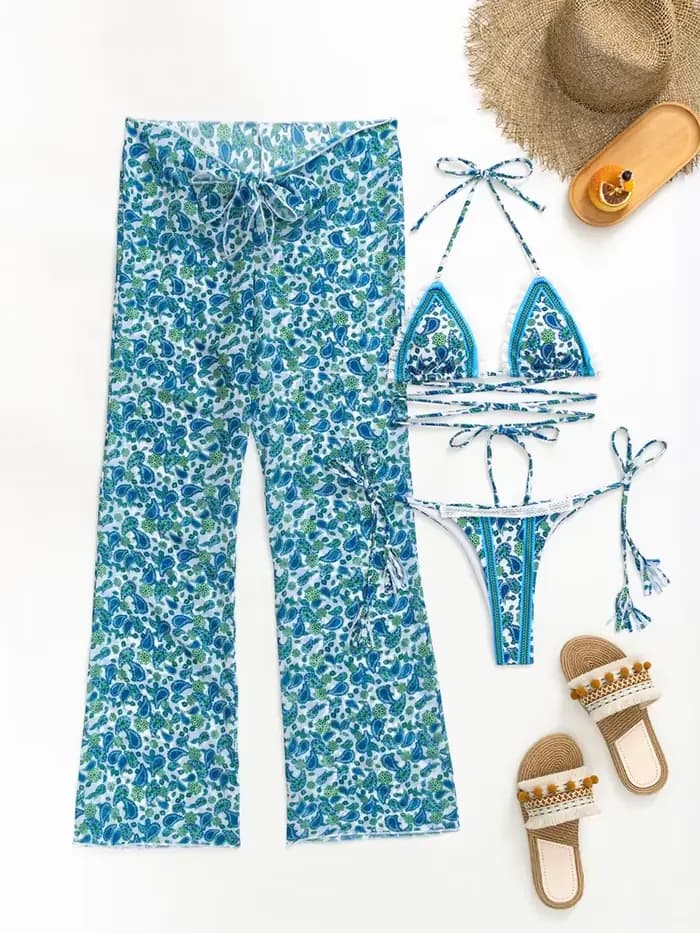 Triangle imprimé Bikinis licou maillots de bain femmes trois pièces maillot