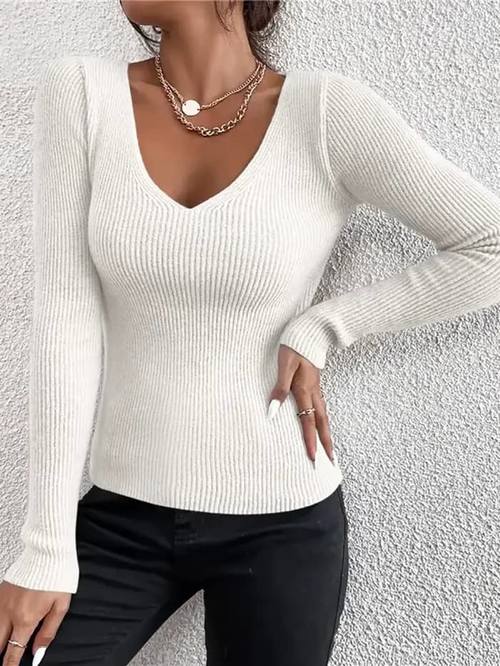 Pull-over Femme Y2K en Maille Côtelée Unie à Col en V et Rayures, Manches Longues, Collection Automne Hiver 2026 – Haut Tendance