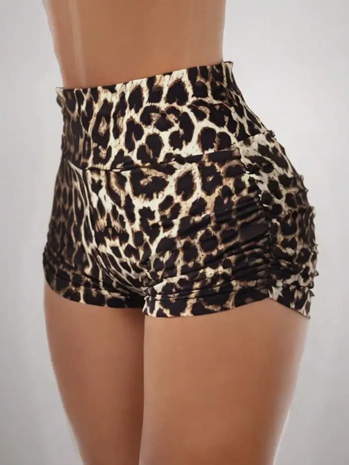 Shorts taille haute froncés imprimé léopard