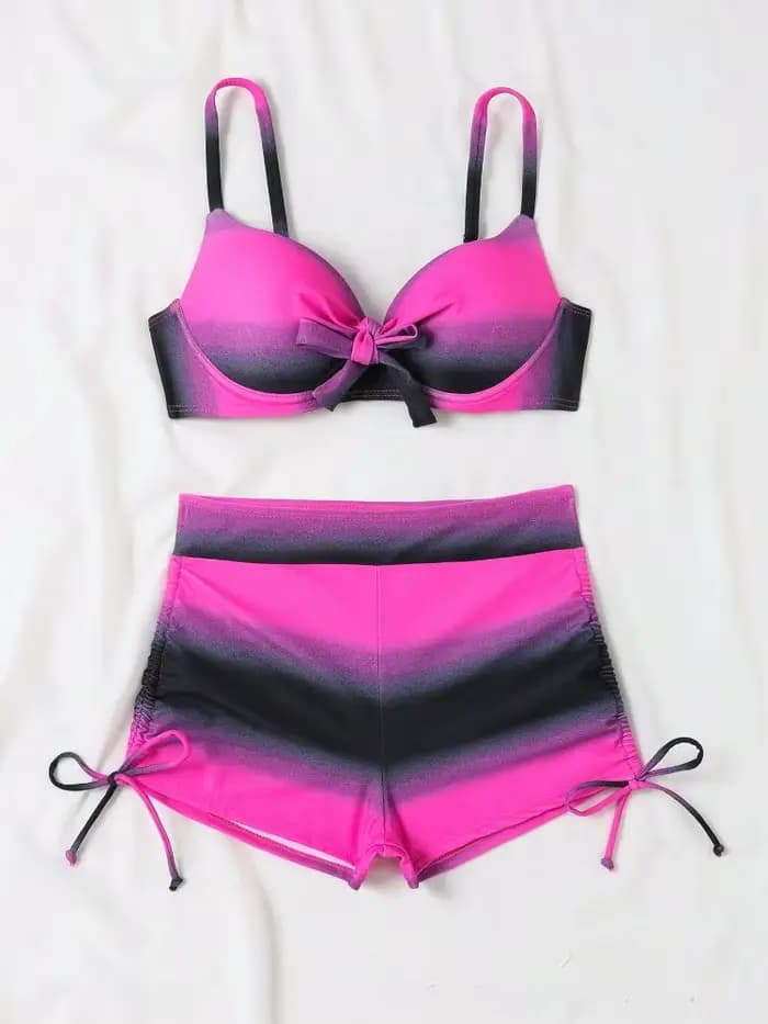 Cikini Summer Beach Ensemble bikini tie-dye pour femme avec devant torsadé et bas froncés pour les vacances