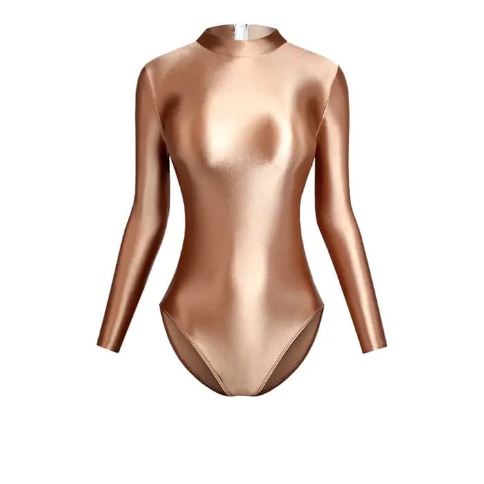 MJINM femmes soyeux brillant col haut dos fermeture éclair maillots de bain à manches longues une pièce