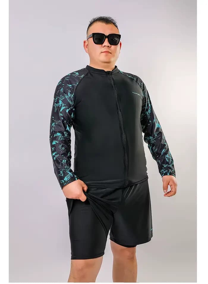 Maillot de bain 2 pièces pour hommes, grande taille, manches longues, avec faux deux shorts, bon élastique, vêtements de plage, d'été