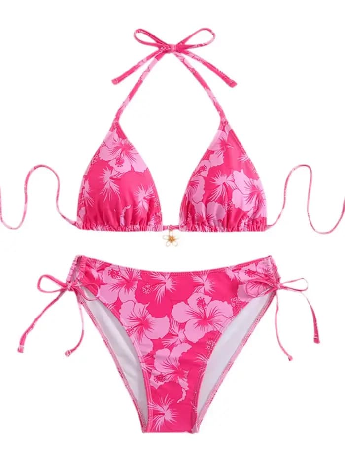 Maillot de bain bikini femme 2026, nouveau modèle rose imprimé, ensemble bikini sexy à lacets, maillot de bain d'été 2 pièces, tenue de plage pour femme