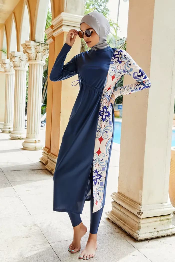 Maillot de bain musulman Burkini pour femmes, ensemble de natation arabe islamique, robe Maxi Hijab, couverture complète, imprimé bleu, Patchwork