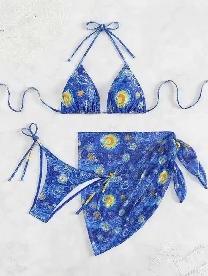 Maillot de bain trois pièces Feng Van Gogh Nuit étoilée, bikini tie-dye à col halter et bonnets triangulaires, pour vacances à la plage, export