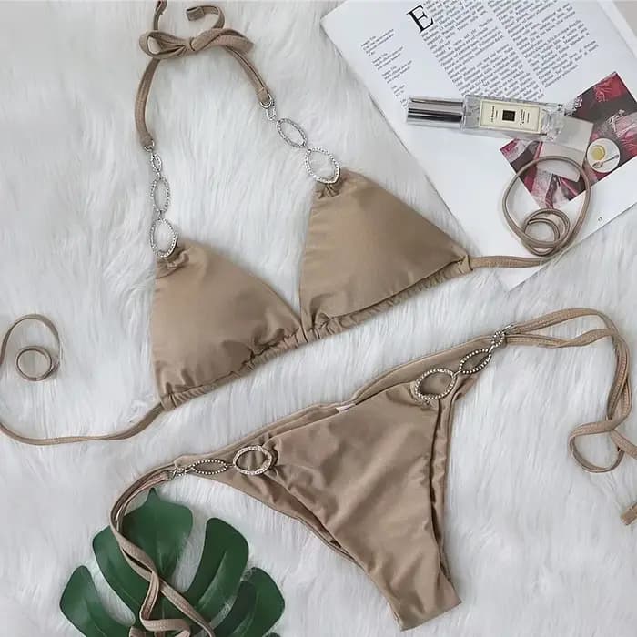 Maillot de bain sexy en strass 2026 pour femme, violet uni avec chaîne métallique, style brésilien,