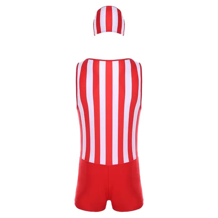 Maillot de bain une pièce pour hommes, à séchage rapide, avec bonnet de bain, décolleté bas, sans manches, rayé, pour la plage et la natation