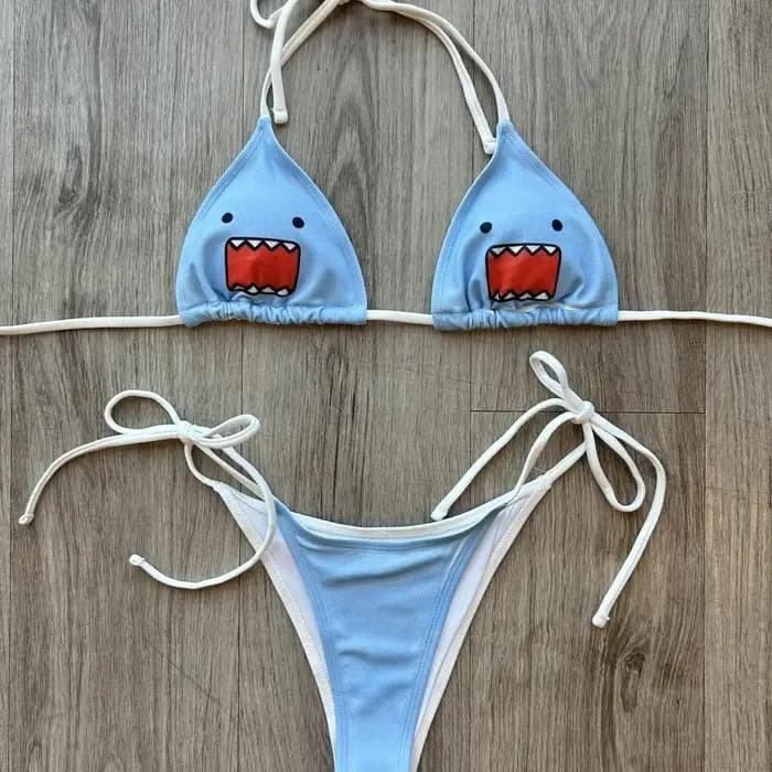 Maillot de bain bikini style Ins pour femme, bleu clair, imprimé requin, dos nu, à nouer sur les côtés