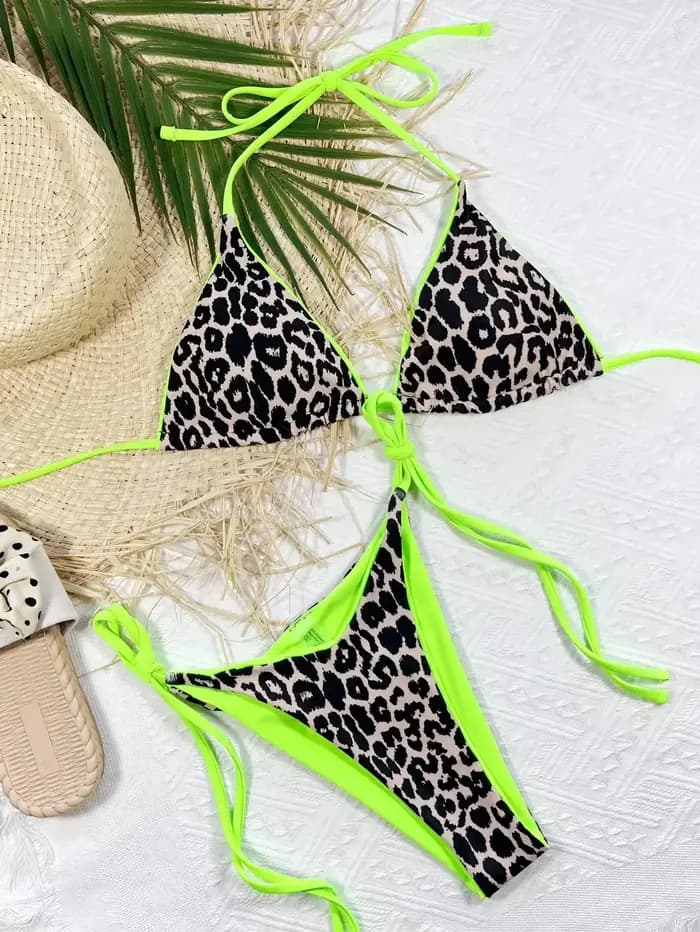 Maillot de bain rose néon imprimé léopard, sexy, triangle, soutien-gorge push up, culotte tanga, pour les femmes, modèle brésilien, pour la plage, 2025